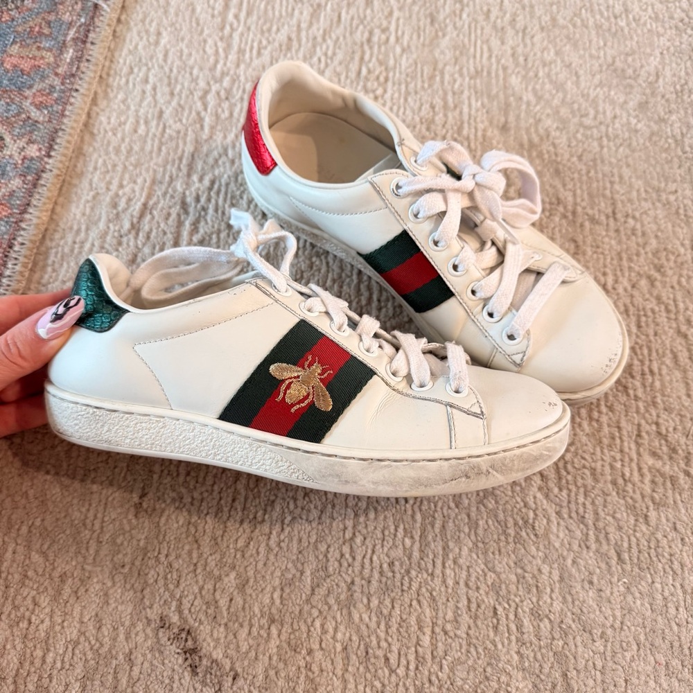 Gucci Leather Sneakers with Red & Green Stripe and Gold Bee Embroidery, Size 34